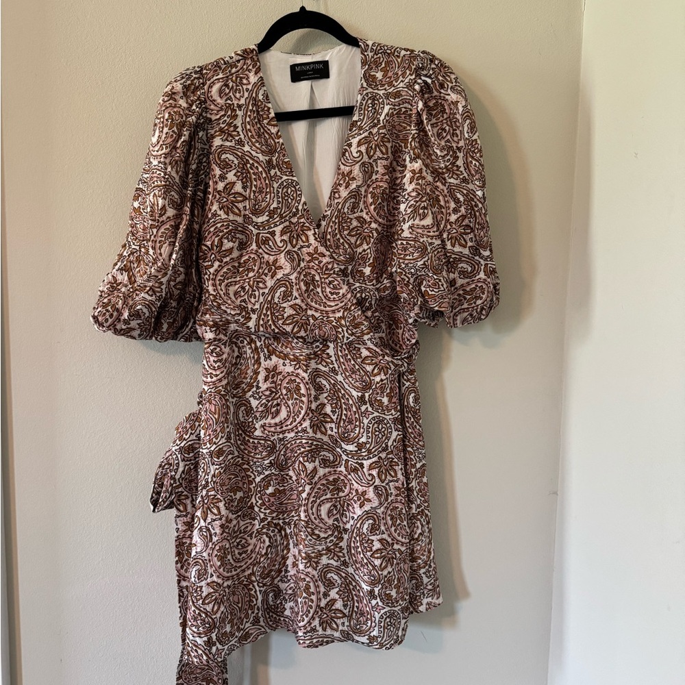 🌸MINK-PINK Brown, Pink and Cream Puff Sleeve Wrap Mini Dress